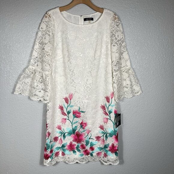 Nine West Dresses & Skirts - Ivory White Floral Lace Dress Womens  8 Embroidered Bell Sleeve Wedding Easter